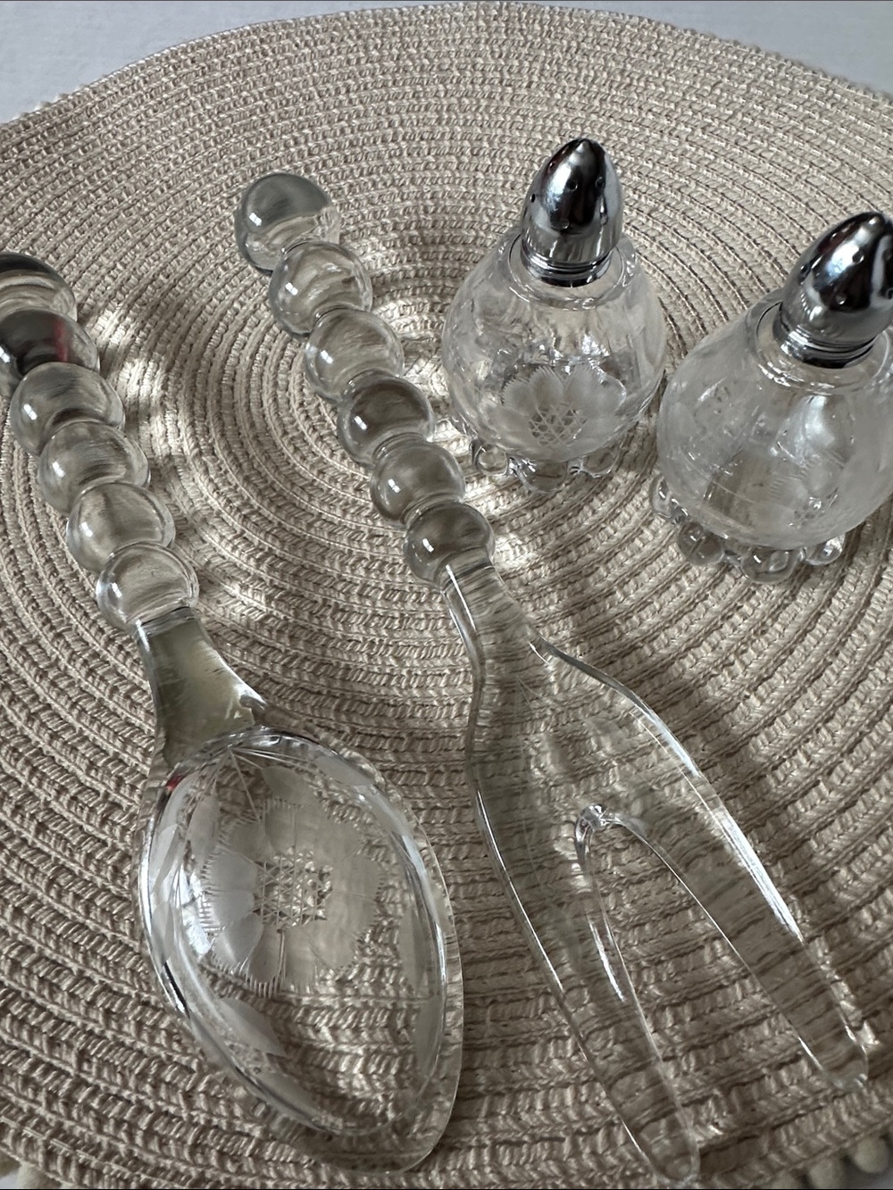 Vintage Cut Glass Cornflower Design Salt & Pepper Shaker Set with Salad Servers